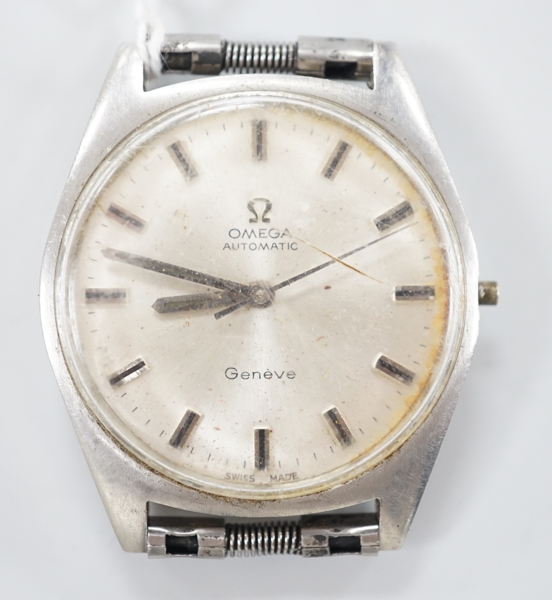 A gentleman's late 1960's stainless steel Omega manual wind wrist watch, movement c. 552 (rust in movement), case diameter 35mm, lacking winding crown, no strap.